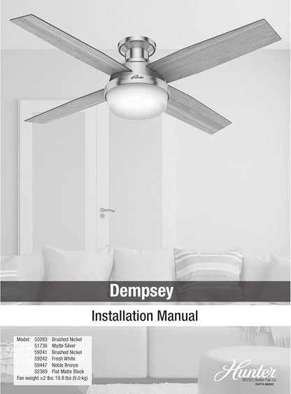 Hunter 52 inch Indoor Ceiling Fan with LED Light and Remote Control - Black Modern Ceiling Fan, Low Profile Mount, 4 Blades, for Bedroom, Living Room, or Kitchen, Quiet - Dempsey 52389, Matte Black