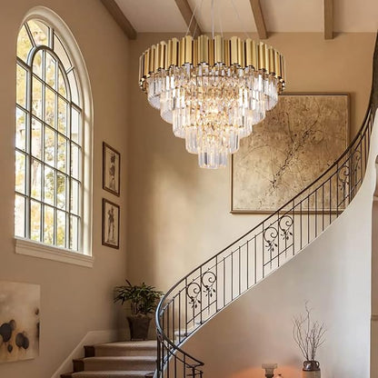 Gold Crystal Chandelier Lighting, 9 Light Crystal Dining Room Chandelier Light Fixture for High Ceiling Foyer Hall Entryway 5 Tier 27.5 inch