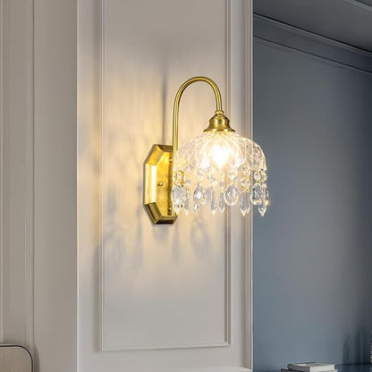 2-Pack Vintage Wall Sconce,Glass Crystal Wall Sconce,Matte Brushed Antique Brass Finish Set of Two for Bedroom Bathroom Hallway Living Room Decor