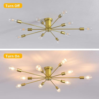 Garwarm 10 Lights Modern Sputnik Chandelier Gold Industrial Ceiling Lamp Mid Century Semi Flush Mount Ceiling Light Fixture for Kitchen Dining Room Living Room Bedroom Foyer Lighting