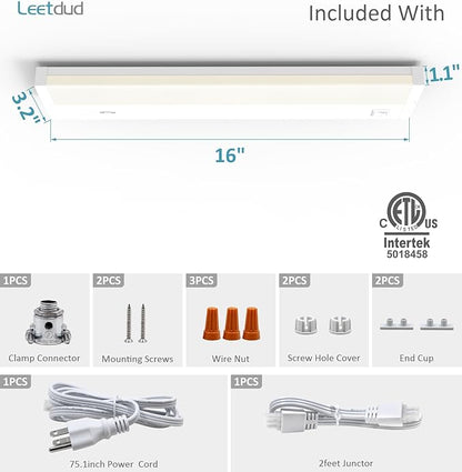 Leetdud LED Under Cabinet Lighting Hardwired or Plug in, 16 Inch 8W, Dimmable 5 Color 2700K/3000K/3500K/4000K/5000K, Linkable Eyes Care Design Counter Lights for Kitchen, Sink, ETL Listed, White