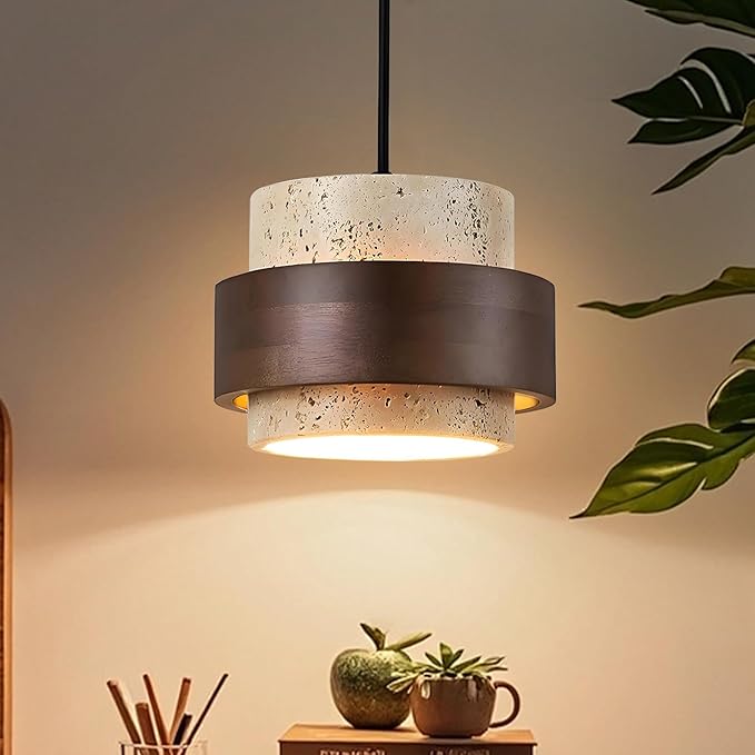 Wabi Sabi Chandelier - Nordic Natural Stone Light, Yellow Travertine Wabi Sabi Lamp for Entryway/Cafe/Restaurant, Hardwired with Adjustable Height