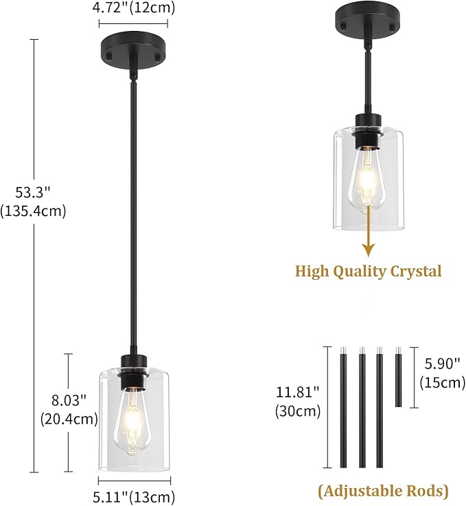 3 Pack Black Pendant Lights Kitchen Island, Modern Glass Pendant Lighting Over Island Kitchen Hanging Dining Room Light Fixtures Adjustable Pendant Lights for Bathroom Hallway Entryway Bedroom
