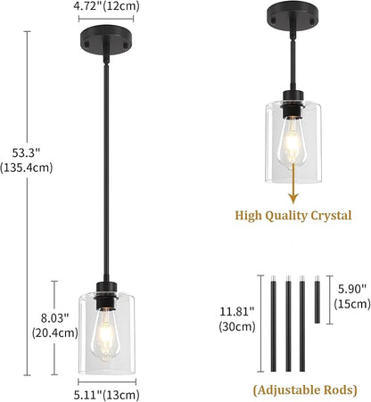 3 Pack Black Pendant Lights Kitchen Island, Modern Glass Pendant Lighting Over Island Kitchen Hanging Dining Room Light Fixtures Adjustable Pendant Lights for Bathroom Hallway Entryway Bedroom
