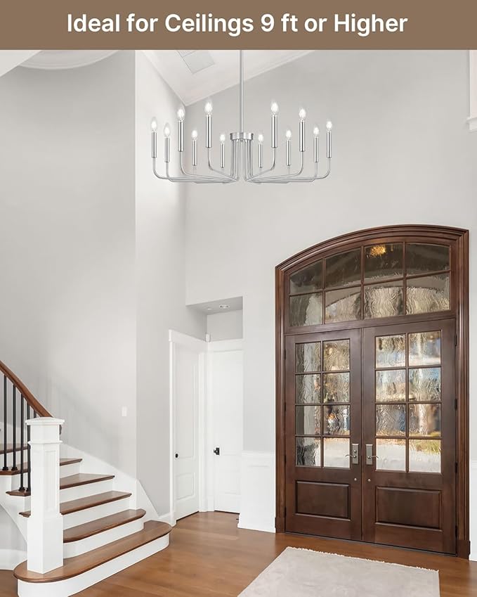 Yunnix 12-Light Brushed Nickel Chandelier, 35" Extra Large Silver Light Fixture - Modern Farmhouse Chrome Chandelier for Dining Room, Kitchen Island, Living Room, Hall, Foyer