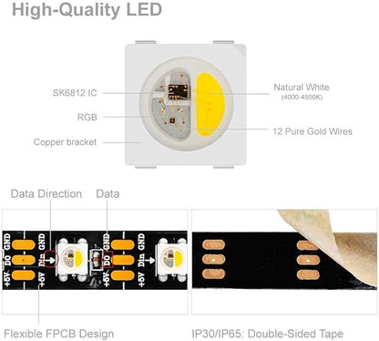 BTF-LIGHTING RGBW RGB+Natural White SK6812 (Similar WS2812B) 4 Colors in 1 LED Strip Individually Addressable 16.4ft 60Pixel/m 300LED Light Dream Color IP67 DC5V White PCB (No Adapter or Controller)
