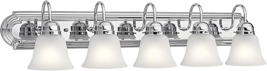 Kichler 5-Light Bathroom Vanity Light Fixture, 36" Traditional Design with Satin Etched Glass Shades in Tannery Bronze for Over Mirror Lighting (36" x 8" x 8"), 5339CHS