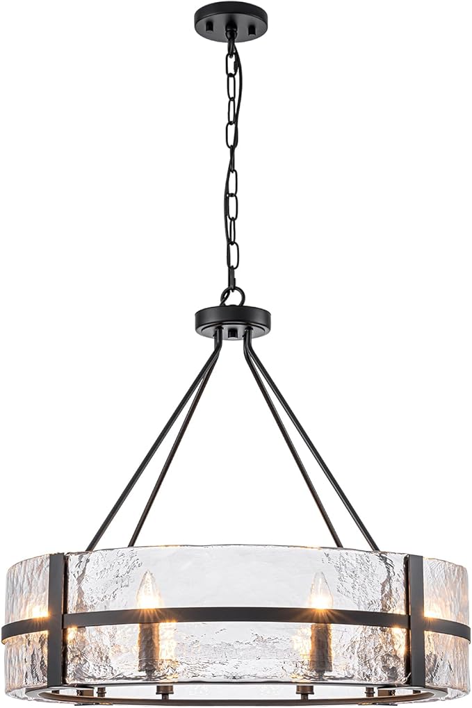 28" Black Glass Chandelier for Dining Room, 8-Light Modern Large Glass Drum Chandelier Dining Room Light Fixture Over Table, Hanging Pendant Light for High Ceiling Foyer Living Room