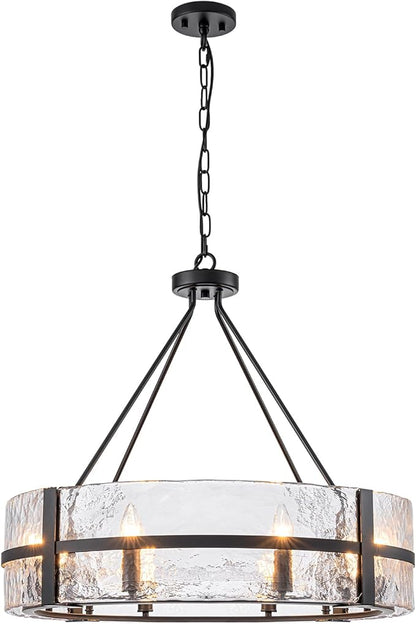28" Black Glass Chandelier for Dining Room, 8-Light Modern Large Glass Drum Chandelier Dining Room Light Fixture Over Table, Hanging Pendant Light for High Ceiling Foyer Living Room
