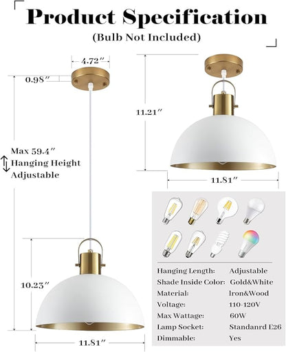 White and Gold Pendant Light 2 Pack, 11.8 Inch Pendant Lights Kitchen Island, Dome Pendant Lights, Farmhouse Pendant Light for Kitchen Island, Dining Room, Living Room