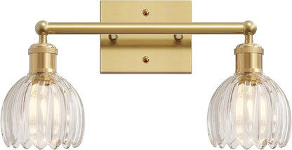 Vintage Bathroom Light Fixtures,2-Light Rustic Vanity Lights for Bathroom,Hallway,16.5 in Brass Vanity Lights,Tulip Light Fixtures for Mirror with Clear Tulip Glass Shade for Bedroom,E26 Base