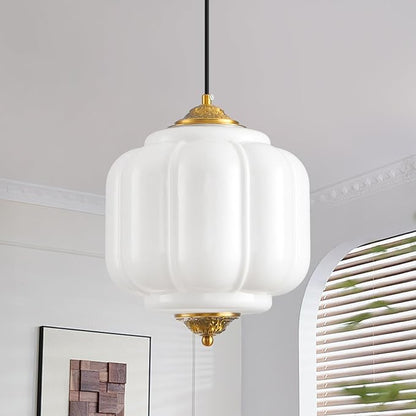 Milk Glass Pendant Light, 9in Medium Schoolhouse Light Fixture, LED Bulb Included, Vintage Art Deco Chandelier for Kitchen Island Dining Room Bedroom Hallway, White & Antique Gold 1 Pack