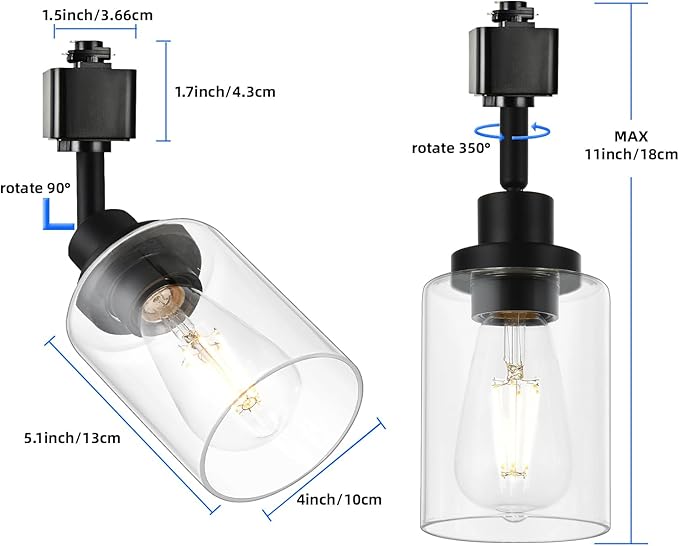 4 Pack H Track Lighting Heads Black Track Lighting Fixtures Ceiling with Clear Glass Shades, H Type Track Lighting Replacement Heads Indoor Spotlight for Accent Retail Kitchen Island Lighting