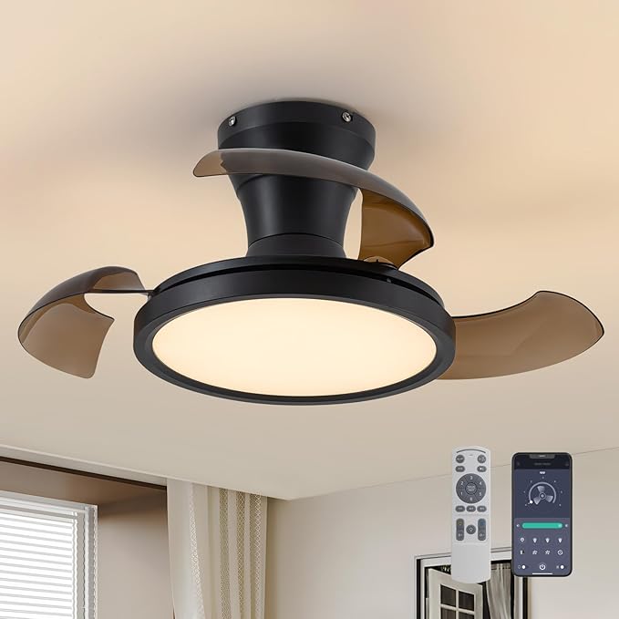 28 Inch Retractable Ceiling Fan with Light Remote Dimmable 6 Speed Reversible Small Light Ceiling Fixtures Modern Bladeless Silent Smart Fan for Bedroom Living Room Kitchen