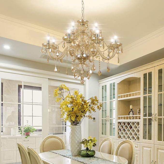 Modern Luxury K9 Crystal Chandelier, 12-Light Cognac Crystal Pendant Light,Candle Style Crystal lamp Lighting Fixture for Dining Room,Hotels, Hall Way, Bars, Restaurants (12 Lights)