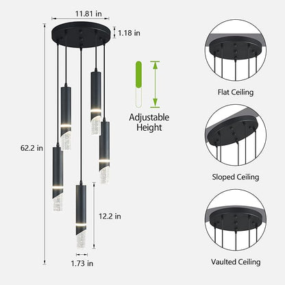 Modern Dimmable Led Pendant Lights Kitchen Island, Ideal for Living Room, Bedroom,Sink 30w LED Crystal Energy-Saving Hanging Lamp for Cozy Lighting (Black 5 Light)