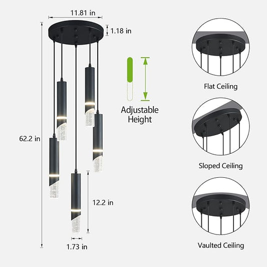 Modern Dimmable Led Pendant Lights Kitchen Island, Ideal for Living Room, Bedroom,Sink 30w LED Crystal Energy-Saving Hanging Lamp for Cozy Lighting (Black 5 Light)