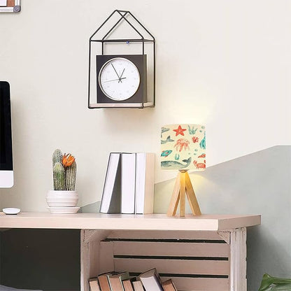 Tripod Table Lamp Ocean Animals Fish Modern Bedside Dimmable Desk lamp Wooden Base Fabric Lampshade for Kids Room, Nursery, Bedroom, Living Room