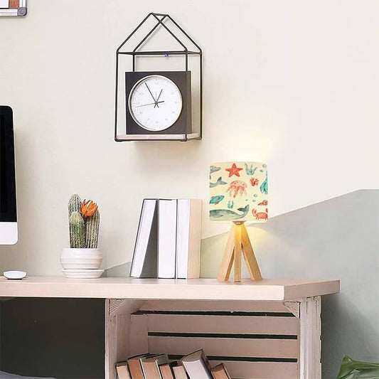 Tripod Table Lamp Ocean Animals Fish Modern Bedside Dimmable Desk lamp Wooden Base Fabric Lampshade for Kids Room, Nursery, Bedroom, Living Room