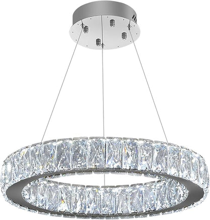 Modern LED 23.6" Ring Chandelier for Dining Room Living Room Dimmable Crystal Pendant Light Adjustable Round Chrome Crystal Chandelier