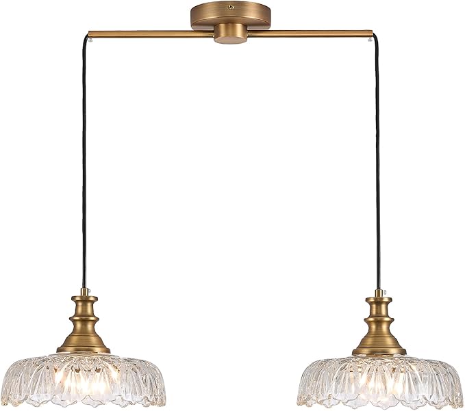 HDDFL Vintage Pendant Lighting Fixtures Modern Glass Hanging Lamp with Adjustable Cord for Kitchen Island Dining Room Hallway 2 Light Brass and Clear