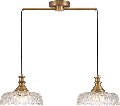 HDDFL Vintage Pendant Lighting Fixtures Modern Glass Hanging Lamp with Adjustable Cord for Kitchen Island Dining Room Hallway 2 Light Brass and Clear
