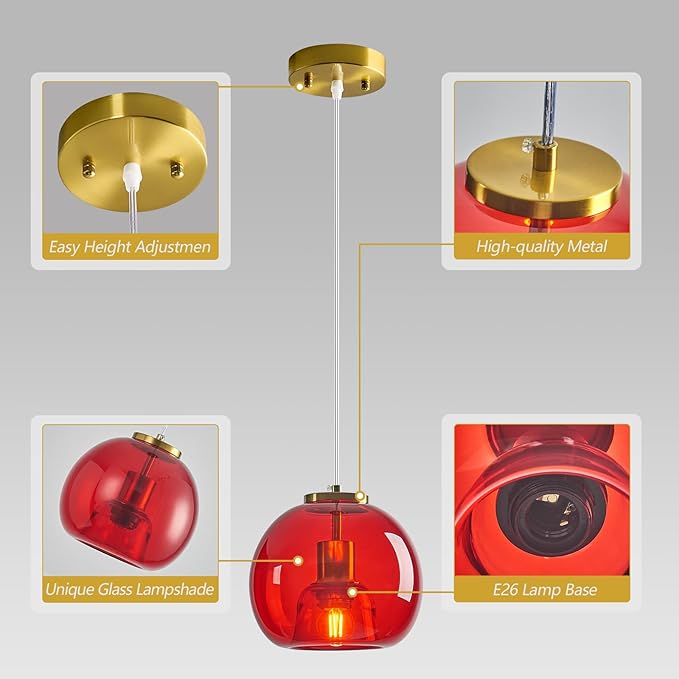 Red Glass Pendant Lights Kitchen Island Gold Hanging Light Fixture Glass Globe Pendant Light Modern Pendant Lighting for Kitchen Island Bedroom Dining Room (7.87", 1 Pack)