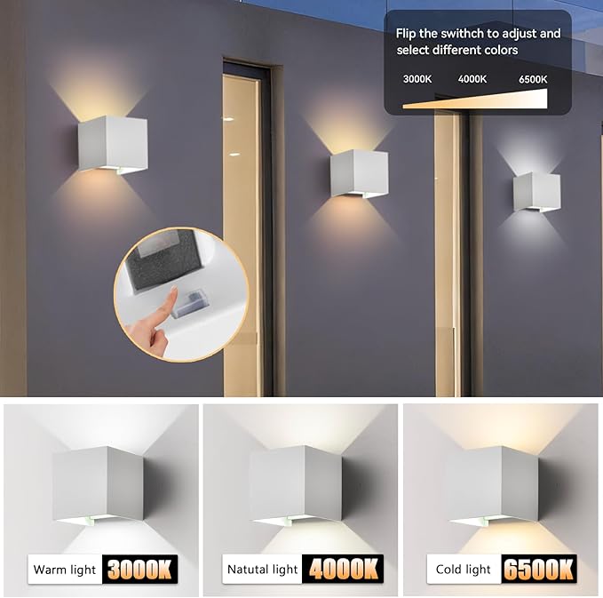 2 Pack LED Outdoor Wall Sconces Exterior/Interior,Modern Square Aluminum Wall Light Fixture ,Variable Beam IP65 Waterproof Lights.15W 3-Color-Changeable Up and Down Outdoor Lighting Fixtures（White）