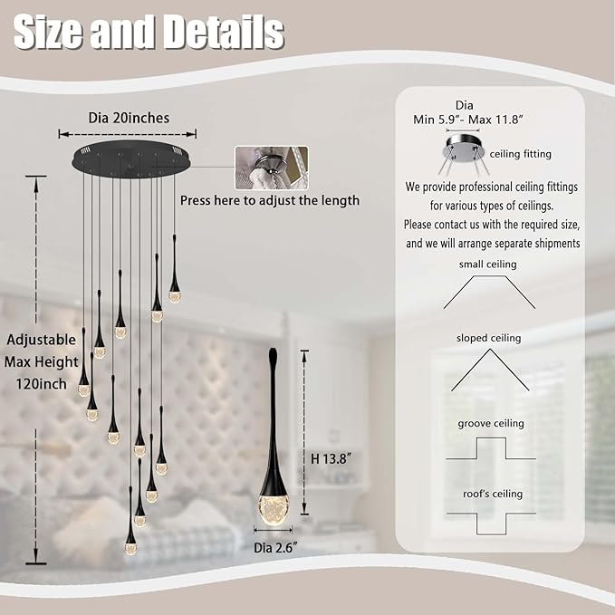 ykolupty Modern Crystal Chandeliers LED Dimmable Stairwell Chandelier 12-Lights Teardrop Chandelier Large Pendant Light for Entryway Foyer Living Room Black