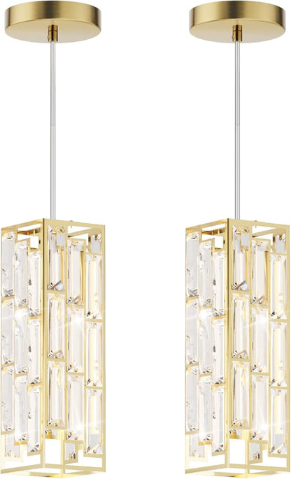 Brass Pendant Lights Modern Pendant Light Fixture, Mini Crystal Pendant Ceiling Light, Pendant Light for Kitchen Island, Dinning Room, Bedroom, Kitchen Sink Lighting (2-Pack)