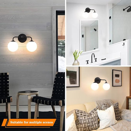 Industrial Matte Black 2-Lights Bathroom Light Fixtures, Vanity Wall Sconce Lighting with Milky White Glass Shade, Modern Bathroom Vanity Lighting, Wall Sconces over Mirror Dressing Table Bedroom