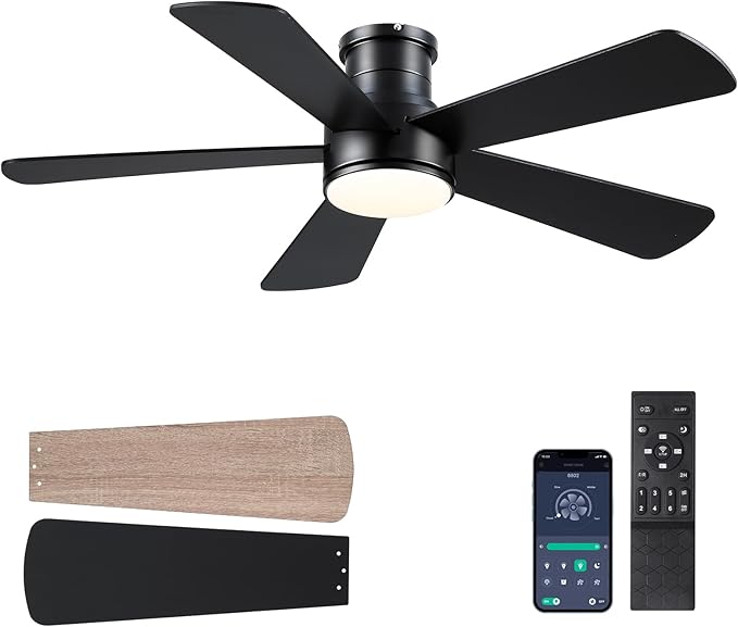 Hounberi 46 Inch Flush Mount Ceiling Fan with Lights and Remote, Modern Quiet DC Motor Low Profile Ceiling Fan for Low Ceilings, 5 Reversible Blades, 6 Speeds Dimmable, Indoor Outdoor Bedroom, Black