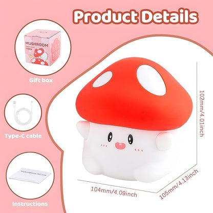 Mushroom Night Light, Squishy Silicone Lamp - Tap Control 2 Brightness, 50H Battery & Auto Timer, Cute Mothers Day Gifts for Kids, Bedside Nursery Desk Mushroom Decor