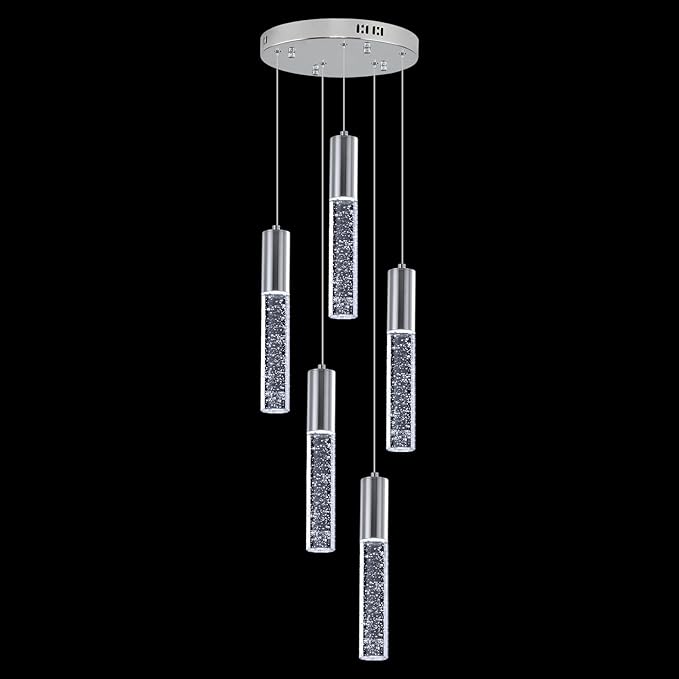 Modern Crystal Chandelier for Kitchen Island 5-Lights, Elegant Chrome LED Bubble Pendant Lighting Fixture for Dining Room Bedroom Entryway