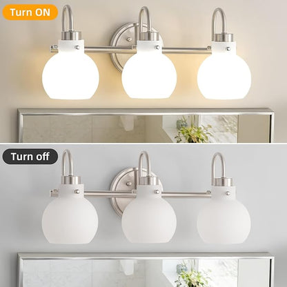 Bathroom Light Fixtures Brushed Nickel 3 Light Vanity Light Wall Sconces with Milk Globe Glass Shades Bath Wall Lamp over Mirror Farmhouse Wall Mount Lights for Kitchen Living Room Bedroom Hallway