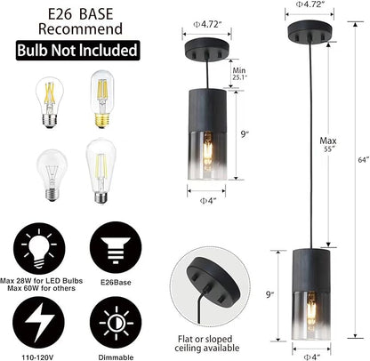 3-Pack Black Pendant Light Fixtures, Adjustable Modern Pendant Lights for Kitchen Island, Industrial Glass Pendant Lights for Dining Table Hallway Bedroom Living Room