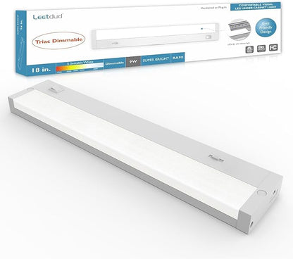 Leetdud LED Under Cabinet Lighting Hardwired or Plug in, 18 Inch 9W, Dimmable 5 Color 2700K/3000K/3500K/4000K/5000K, Linkable Eyes Care Design Counter Lights for Kitchen, Sink, ETL Listed, White