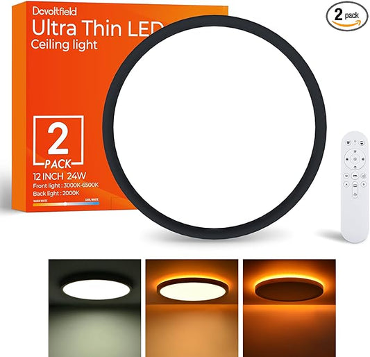 2Pack Dimmable LED Flush Mount Ceiling Light Fixture with Remote Control, 24W 2640LM, 12Inch, 2000K Warm Night Light & 3000K-6500K, Modern Super Slim Ceiling Lamp for Bedroom Kitchen, Black