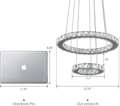 Modern Crystal Chandeliers Dimmable Round Pendant Lighting with Remote 2 Rings LED Ceiling Hanging Light Fixture for Foyer Dining Room Living Room Bedroom, 3000K/4000K/6000K 15.75”+7.7”