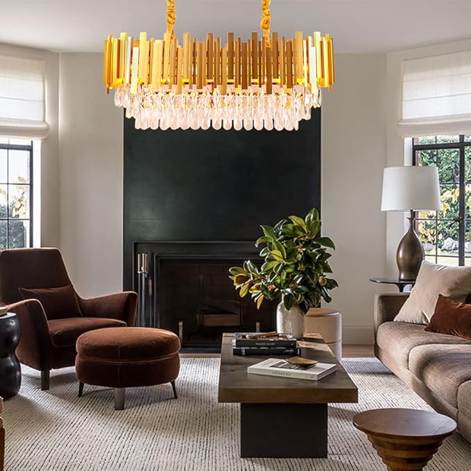 FRIXCHUR Modern Crystal Chandeliers 3-Tier Gold Crystal Chandeliers Oval Pendant Light Brass Chandelier for Dining Room Kitchen Island Living Room