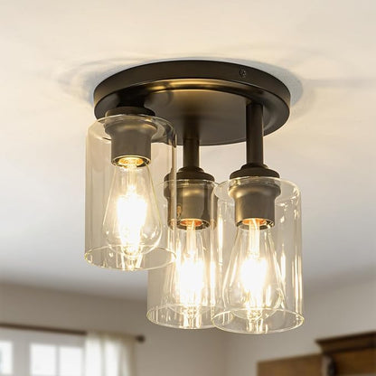 Mayful Semi Flush Mount Ceiling Light, 3-Light Black Fixture with Clear Glass Shade, Cluster Cylinder Design for Kitchen Dining Room Hallway Foyer Entryway
