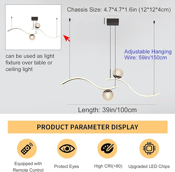 ORANOOR Modern LED Globe Pendant Light, 39in Dimmable Black Hanging Chandelier Light Fixture, 2-Wave Kitchen Pendant Lighting Over Island, Dining Room Lights Ceiling Hanging Over Table (2-Bulb)