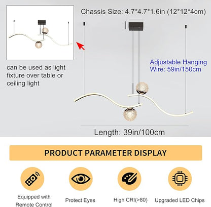 ORANOOR Modern LED Globe Pendant Light, 39in Dimmable Black Hanging Chandelier Light Fixture, 2-Wave Kitchen Pendant Lighting Over Island, Dining Room Lights Ceiling Hanging Over Table (2-Bulb)