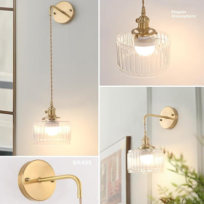 Shenmoyl Battery Operated Wall Sconce with Clear Striped Shade Pattern Glass Adjustable Chain Retro Gold Wall Mounted Light, Modern Wall Decor for Bedside Bedroom Indoor Doorway， Set of 2
