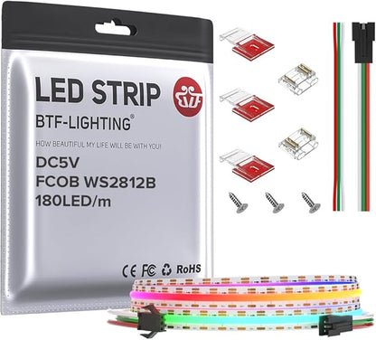 BTF-LIGHTING FCOB COB WS2811(WS2812B) IC RGB 180LED/m 180IC LED Strip DC5V 3.2FT Individual Addressable Flexible High Density Uniform Light Dream Chasing Color 10mm Width(NO Adapter or Controller)
