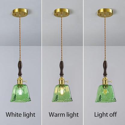 Green Glass Vintage Pendant Light Height Adjustable Handmade Glass Pendant Lights Kitchen Island Gold Hanging Light Fixture with Wood Handle for Bedroom Dining Room Hotel (2 Pack)