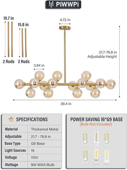 Glass Globe Sputnik Chandelier, 16-Light Mid Century Modern Light Fixture Over Table, Linear Chandeliers for Dining Room, Kitchen Island, Brass Gold and Amber Bubble, 40 Inch, GC-02