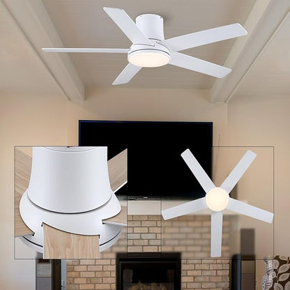 52 Inch Ceiling Fans with Lights and Remote, Flush Mount White Ceiling Fan for Bedroom Living Room Indoor/Outdoor, Quiet 6 Speed Reversible DC Motor, 3CCT, Dual Color 5 Blades, ETL Listed