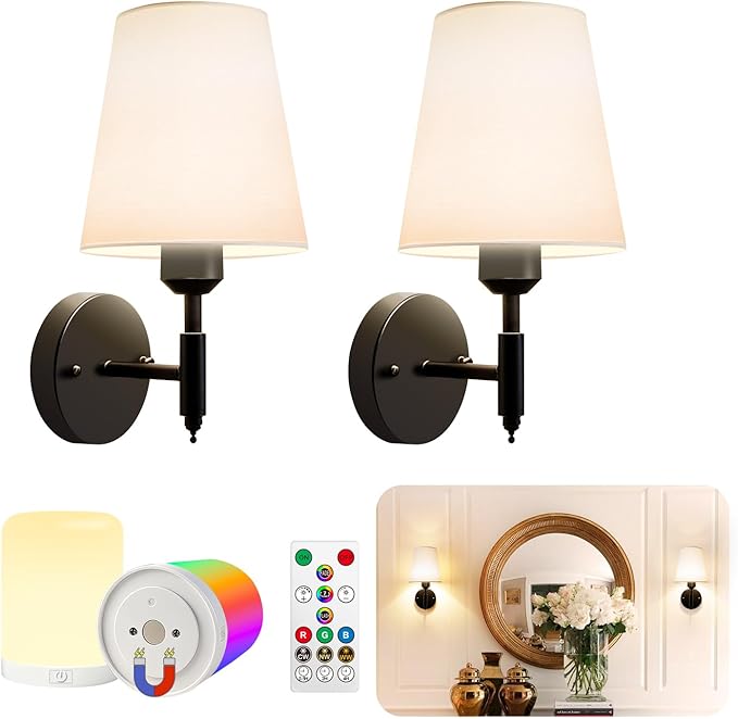 Adetu Battery Operated Wall Sconces Set of Two, Gold Rechargeable Wall Lights with 10000mAh RGB Rechargeable Magnetic Bulb, Battery Wall Sconce with Remote Control for Bedroom Decor