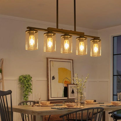 Farmhouse Dining Room Light Fixture, 2026 Upgrade 5-Light Pendant Lights Kitchen Island Lighting, 32.4" Black Farmhouse Chandeliers for Dining Room Chandelier Over Table with Wood Clear Glass Shade